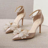 New Arrival Fancy Bow Rhinestone Buckle Strap Pointed Toe Heels for Ladies