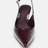 Ladies Burgundy Pattern PU Leather Pointed Toe Slingback Stiletto Pumps Adjustable Ankle Strap for Evening Work Events