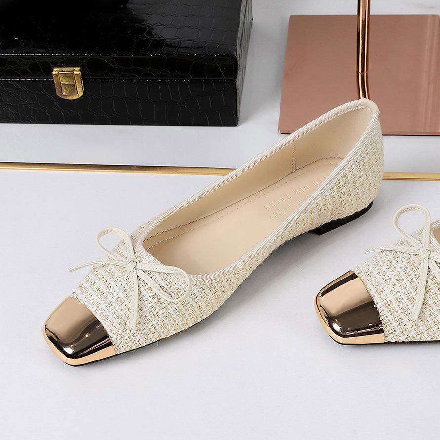 2025 Elegant Women Metal Square Toe Ladies Bow Flat Shoes