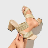 Sandales Pour Femmes Square-toe Woven Ankle-strap Block-heel Sandals for Women Solid Color Minimalist Style