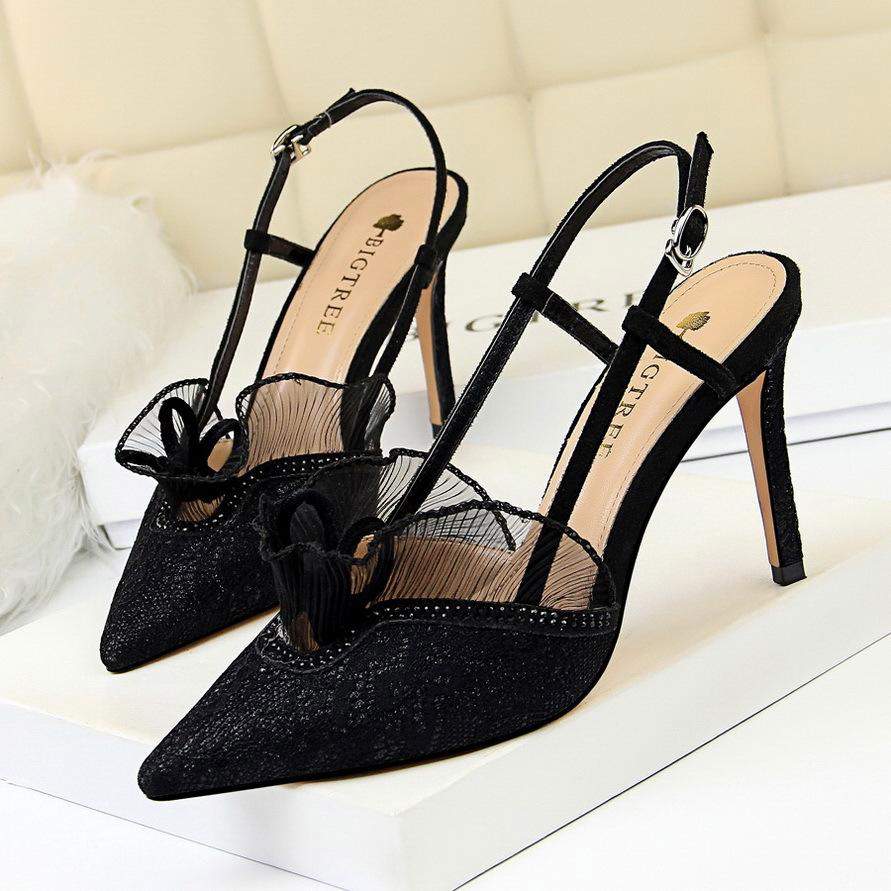 Chaussures Pour Femmes Nouveaux Styles Big Size Lace Slingback Pumps Female Sex Black Bigtree Shoes Heels for Ladies and Women