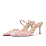 Scarpe Donna Tacco Alto Pink Lace Floral Stiletto Mules Pointed Toe Party Heels for Women