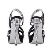Women Black Platform Sandals Rhinestone Strappy High Heels Sparkly Stiletto Pumps Sexy Open Toe Evening Party Dress Shoes