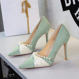New Elegant Pink Faux Suede High Heels Pearl Strap Silk Bow Accent Pointed Toe Stiletto Pumps Wedding Bridal Party Shoes
