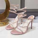 Silver Bottom European and American Version Sexy Bling Rhinestone Snake Ankle Wrap Silver Heels for Women