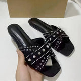Chaussures Plates Féminines Women's Blue Denim Flat Sandals Open-toe with Shiny Embellishments