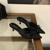 Fashion Lace Pointed Toe Mules for Women Comfortable Kitten Heels with Bowknot Elegant Office Dress Shoes Slides Slippers