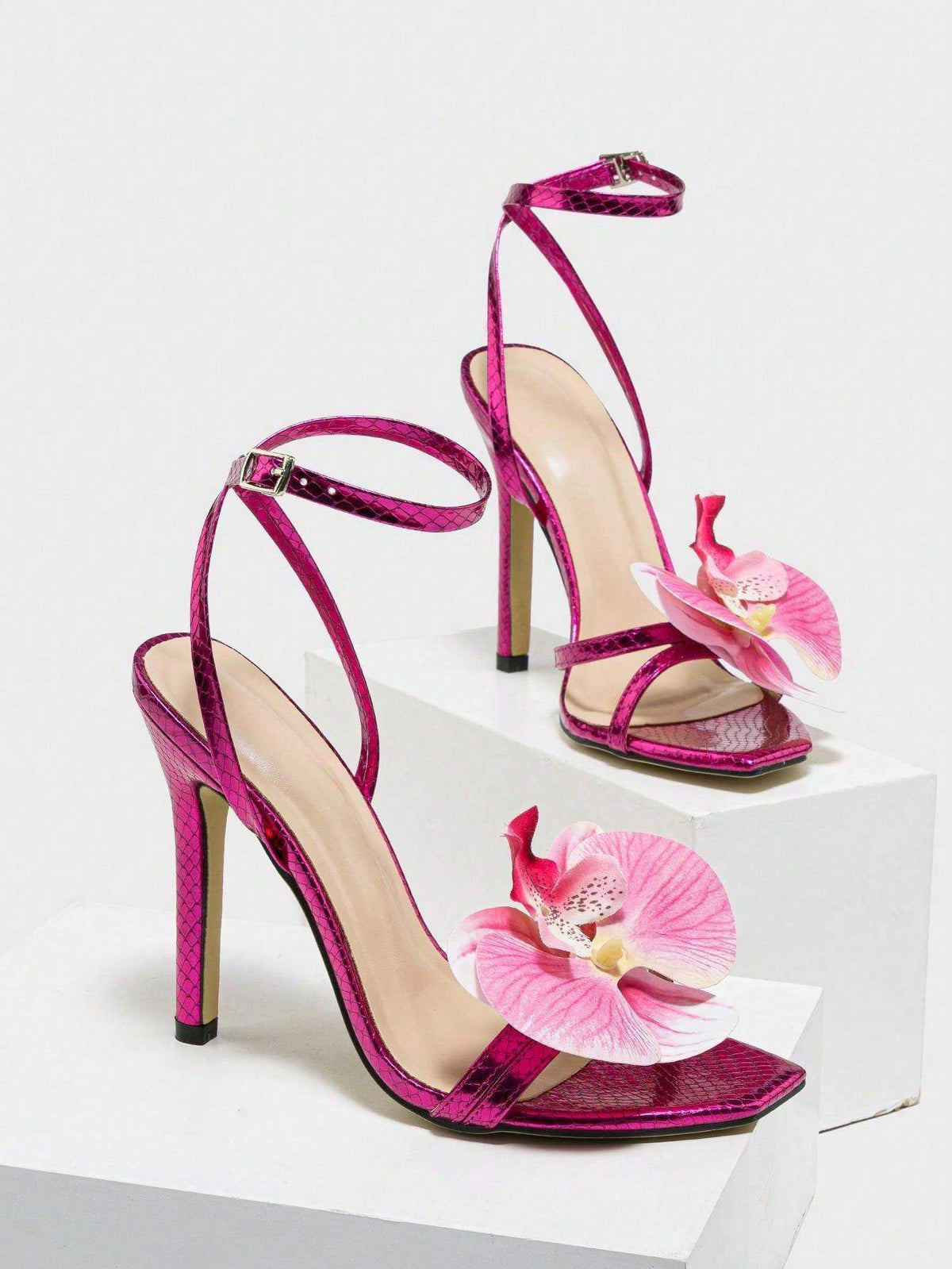 Women's High Heels Shoes Butterfly-Embellished Crisscross Back Pull-Strap Square-Toe Peep-Toe Blue Stiletto Sandals