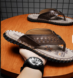 Top Grade Quality Handmade Sewing Hard Wearing Full Grain Genuine Leather Men Flip Flop Shoes
