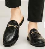 Men Backless Mule Loafers With Woven Pattern PU Leather Upper and Metal Buckle Daily Wear and Business Occasions