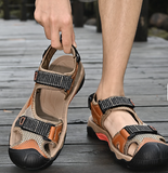 Men's Outdoor Hiking Sandals With Protective Toe Cap Mesh Leather Blend Upper Adjustable Straps for All Day Comfort