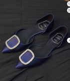 Women's Navy Blue Satin Flats with Crystal Rhinestone Square Buckle Pointed Toe Dress Shoes for Wedding Party