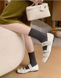 Vintage Women Mary Jane Flats Genuine Cowhide Leather Square Toe Triple Buckle Strap Shoes Comfortable Daily Walking Flat