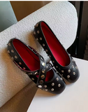 Genuine Sheepskin Leather Mary Jane Flats for Women Studded Round Toe Cross Strap Walking Shoes Punk Style Lady Flat