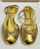 Elegant Metallic Gold Strappy Flat Sandals Round Toe Ankle Wrap Casual Summer Flat Shoes for Women