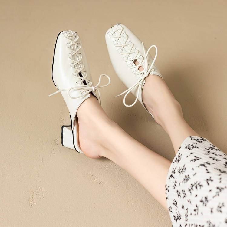 Square Toe Woven Mule Heels for Women 4.5Cm Mid Heel Genuine Leather Upper Pigskin Lining Comfortable Breathable Casual Slides