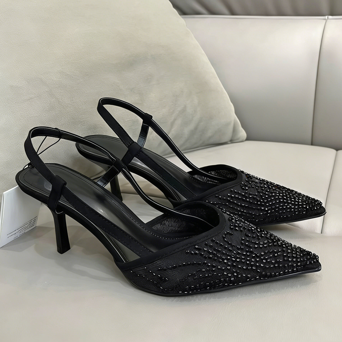 Women Pointed Toe Slingback Heels Sexy Mesh Rhinestone Stiletto Sandals Pumps Sparkly Beaded Evening Party Dress Shoes Black