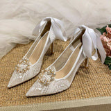 6CM/8CM Ankle Strap Talon Haut Luxury Sexy Shoes White Lace Wedding Heels for Bride