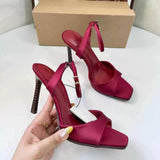 French-Style Minimalist Ankle-Strap Stiletto Heeled Sandals for Women, Featuring Square Toe, Open Toe and Single Toe Strap