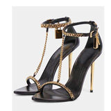 Gold Ankle-Strap High Heels Shoes - Peep-Toe, Metal Chain, Pointed-Toe Women's High-Heel Sandals