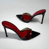 Sandalia Salto Feminina Transparent PVC Pointed Toe Mules High Heels Stiletto Red Insole Slip-on Sandals Heels