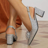 Glitter Pearl Flower Pointed-toe Women's Sexy Block Heel Sandals Silver High-heeled Shoes Pumps
