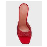 Women Red Rhinestone Platform Mules Sparkling Crystal Encrusted High Heeled Sandals Elegant Sculptural Pyramid Block Heel