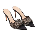 Women's Delicate Lace Satin Pointed Toe High Heel Mules Slip on Stiletto Heeled Sandals for Evening Party Daily Elegant Wear