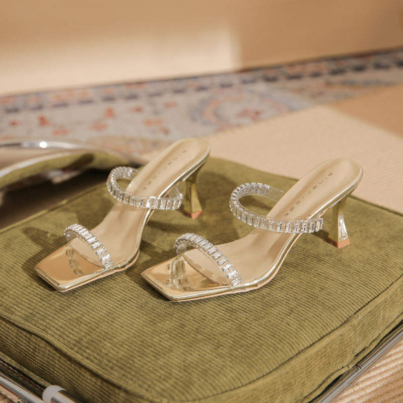 Luxury Rhinestone Open Toe Slipper Mules Low Latest Ladies Heels for Women Shoes