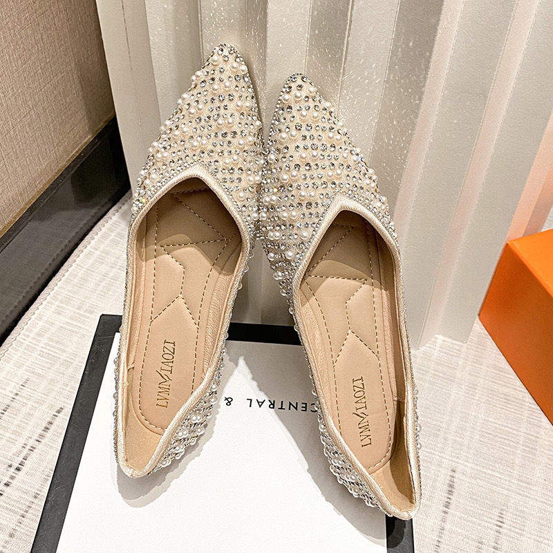 Chaussures Plates Wanita Cute Casual Slipper Style Full Pearl Elegant Moccasins Flat Shoes for Women