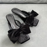 New Style Women's Black Velour Bow-Embellished Square-Toe Open-Toe Low-Heel Stiletto Slide Sandals for Outdoor Wear