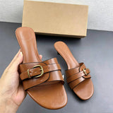 Classic Tan PU Leather Mules Low Kitten Heel Sandals Vintage Brown Slide Shoes Metal Buckle Elegant Ladies Dress Pumps