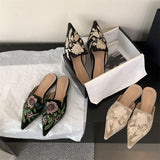 Hot Selling Satin Sandals Embroidered Pointed Toe Soft Breathable Lining Elegant Mules Slip on Flats