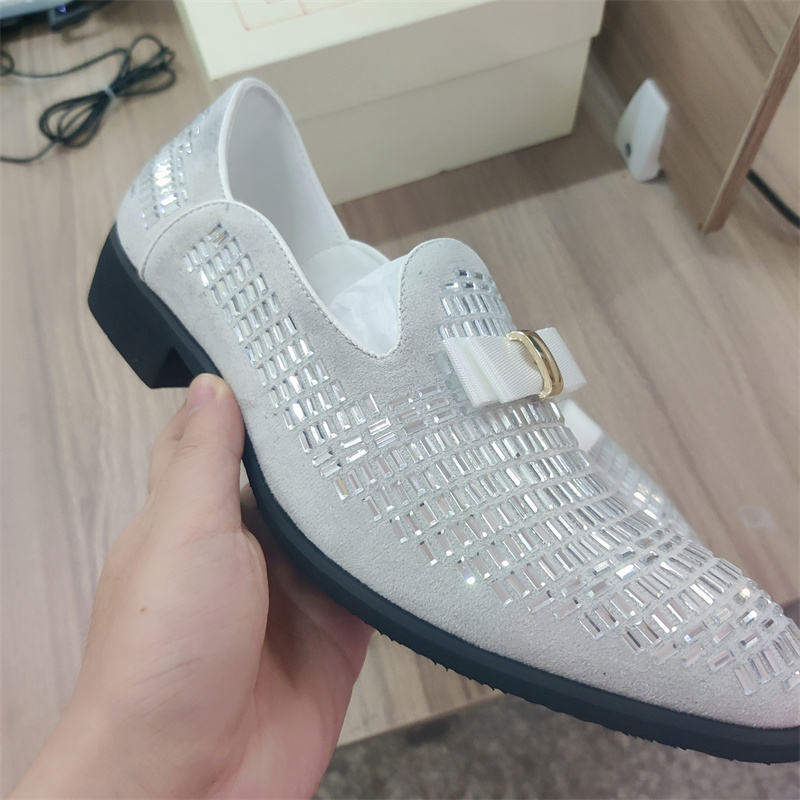 White Wedding Shoes Glitters Diamond Upper Bowknot Fashion Classy Loafer Shoes for Men