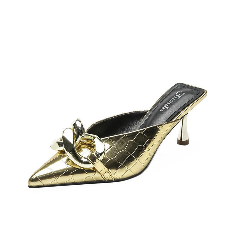Gold Fashion Pointed Toe Chain Low Slippers Silver Mule Lady Heels for Women 2025