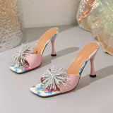 Luxury Rhinestone Mules Women Pink Heels Flower Print Sandals Elegant Evening Dressy Slip on Shoes Gift Slippers