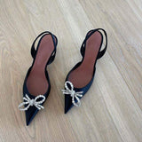 Women's Rose Gold Satin Pointed Toe Slingback Heels Crystal Bow Accent Geometric Block Heel for Party Evening Shoes