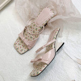 Wedge Sandals Women's Cute Floral Print Slipper Casual Bow Square Toe Slip-On Heels