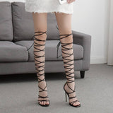 Hot Sexy Lace up High Heels Women Knee High Strappy Stiletto Sandals Open Toe Long Party Dress Pump Shoes