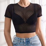 Womens Crop Top Short Sleeve See-Through Mesh T-Shirt Ladies Party Tops Women's Mesh Tops with Black Dot