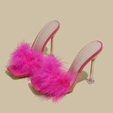 Feather Fur New Fashion Summer Spring Cute Mules Lady Sandals Slippers Elegant 2025 Heels for Women