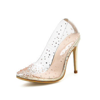 Escarpins Femme Gold Trendy Pointed Toe Sexy Stiletto Rivet Studded Clear Fashion Transparent High Heels Shoes for Ladies