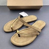 Premium Faux Suede Women Flat Sandals Vintage Metal Hardware Thong Slippers Elegant Casual Summer Beach Flip Flops Footwear