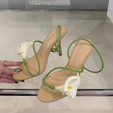 New Talons Chic Slipper Green Flower Sexy Shoes Summer Heels for Women Ladies