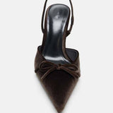 Elegant Velvet Bow Lady Sexy Heeled Sandals Women's Pointed Toe Back Strap Quality Formal High Heel Sandals