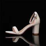 Women Quality Pearl Decorated Open Toe Block Heel Sandals Ankle Strap With Rhinestone Buckle for Bridal Wedding Events