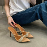 Fashion 2026 White Heels Pointed Toe Mules Luxury Rhinestone Strap Stiletto Sandals Comfortable Elegant Bridal Wedding Shoes