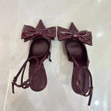 Bow Pointed Toe Spring Summer Mules Talons Haut Sexy Escarpins Wine Red Trending Women Heels