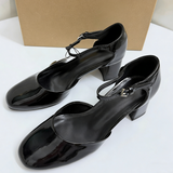 Women Black Patent Leather Mary Jane Pumps Elegant Block Mid Heel Shoes Retro Ankle Strap Dress Shoes Office Party