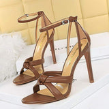 Strappy Lace up Sexy Female Shoes Open Toe Chunky Trendy Women's Brown Heels